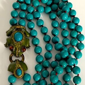 J. Crew Turquoise Beaded Necklace with Olive Green Frog Clasp